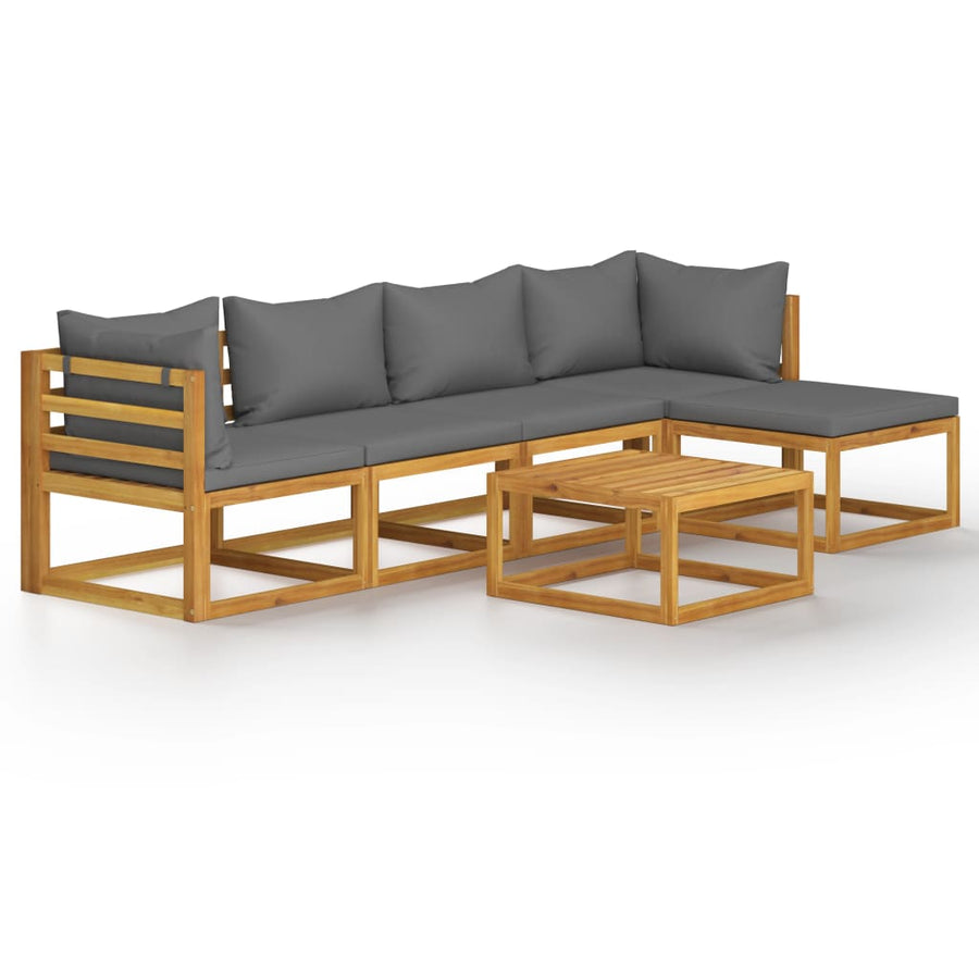 6-Delige Loungeset Met Kussens Massief Acaciahout Donkergrijs 2x midden + 2x hoek + voetensteun + Tafel