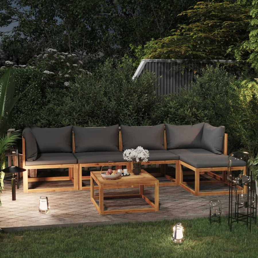 6-Delige Loungeset Met Kussens Massief Acaciahout Donkergrijs 2x midden + 2x hoek + voetensteun + Tafel