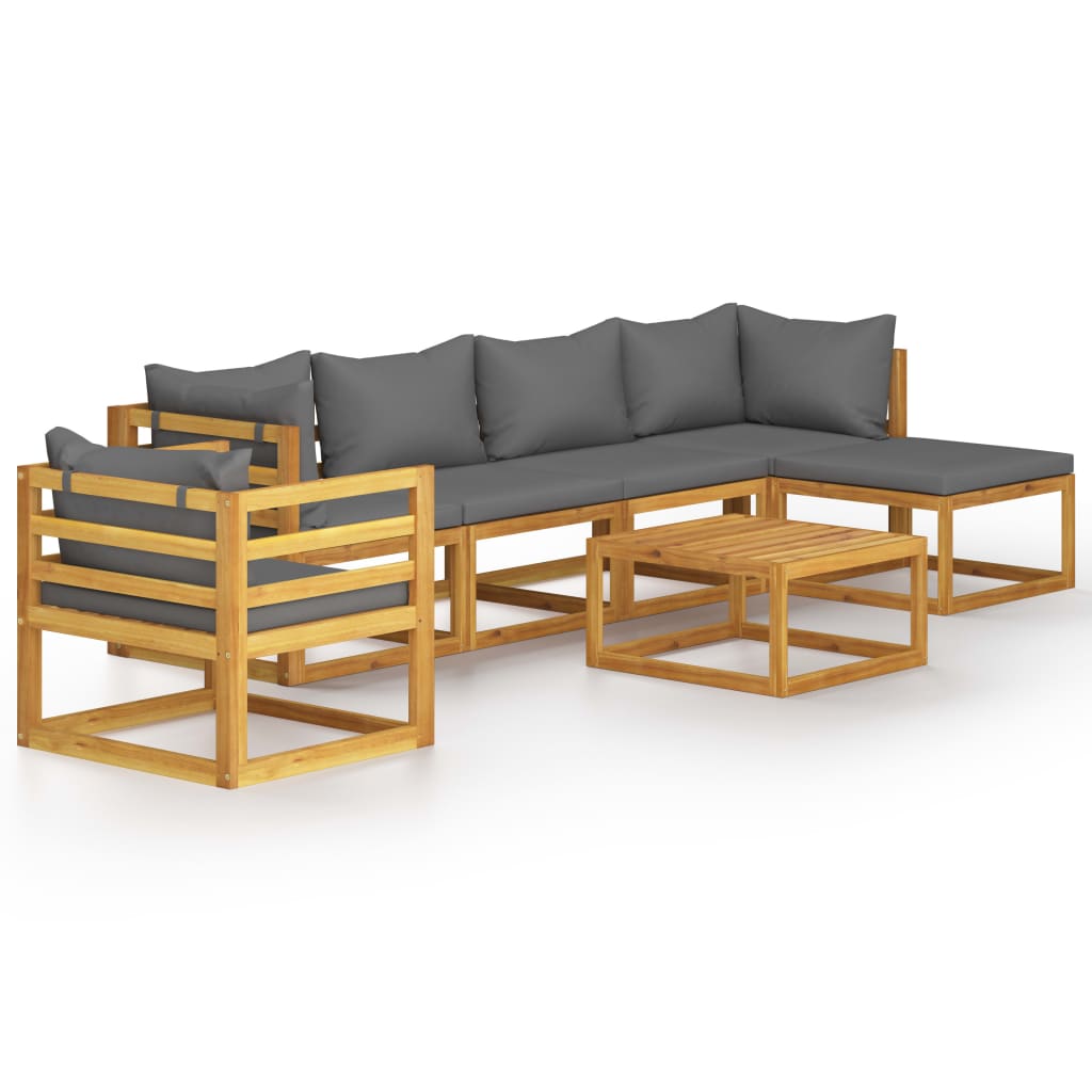 7-Delige Loungeset Met Kussens Massief Acaciahout Donkergrijs 2x hoek + 2x midden + Fauteuil + voetensteun + Tafel