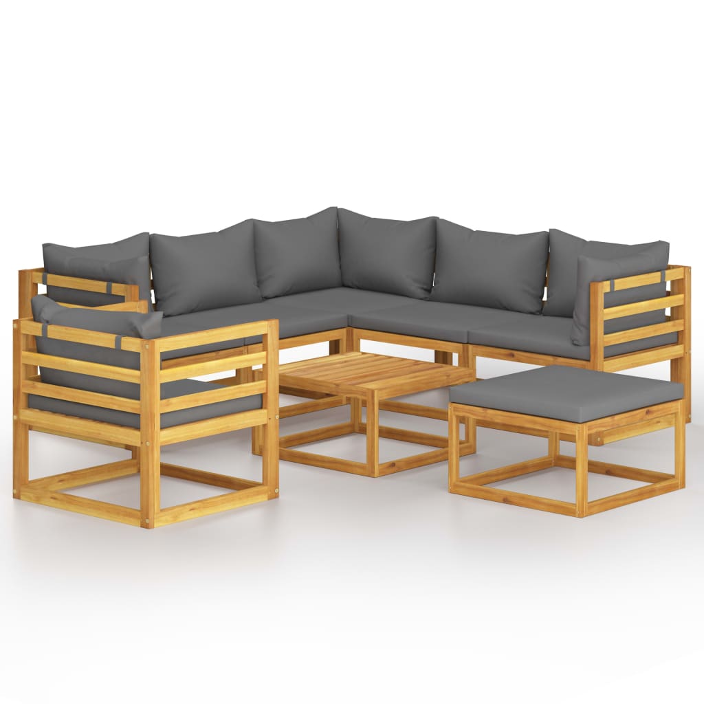 8-Delige Loungeset Met Kussens Massief Acaciahout Donkergrijs 3x hoek + 2x midden + Fauteuil + voetensteun + Tafel