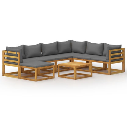 8-Delige Loungeset Met Kussens Massief Acaciahout Donkergrijs 3x hoek + 3x midden + voetensteun + Tafel