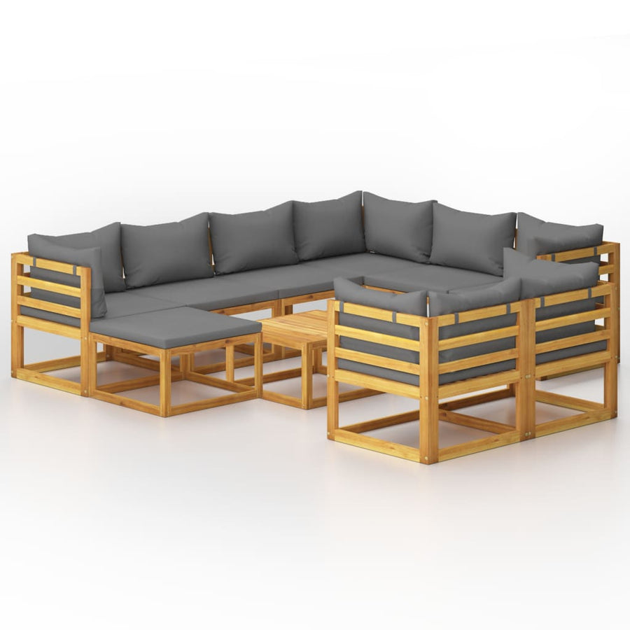 0-Delige Loungeset Met Kussens Massief Acaciahout Donkergrijs 5x hoek + 3x midden + voetensteun + Tafel
