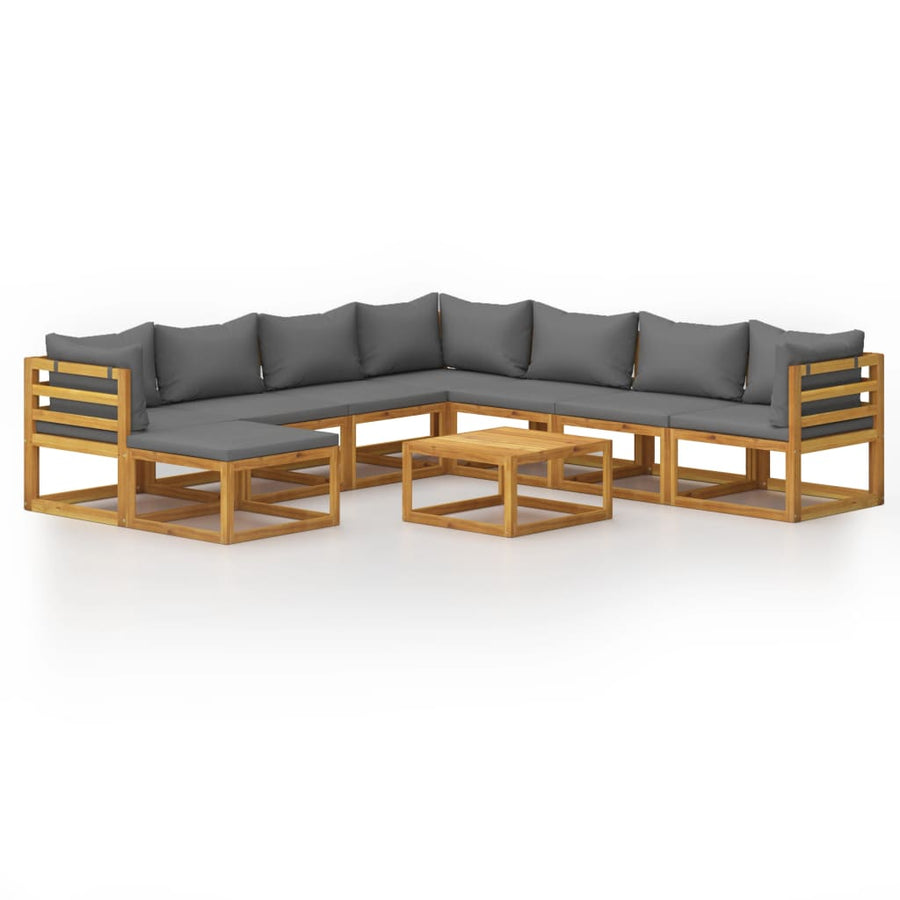 9-Delige Loungeset Met Kussens Massief Acaciahout Donkergrijs 3x hoek + 4x midden + voetensteun + Tafel