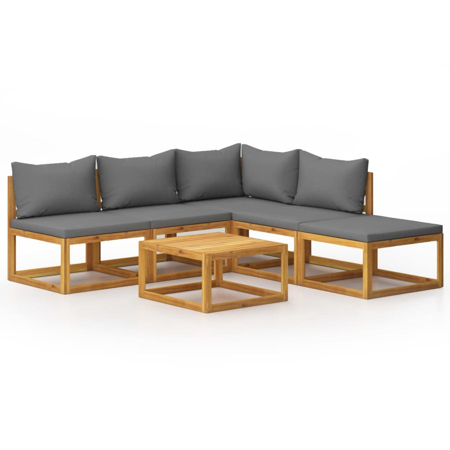 6-Delige Loungeset Met Kussens Massief Acaciahout Donkergrijs hoek + 3x midden + voetensteun + Tafel