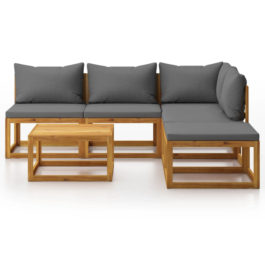6-Delige Loungeset Met Kussens Massief Acaciahout Donkergrijs hoek + 3x midden + voetensteun + Tafel