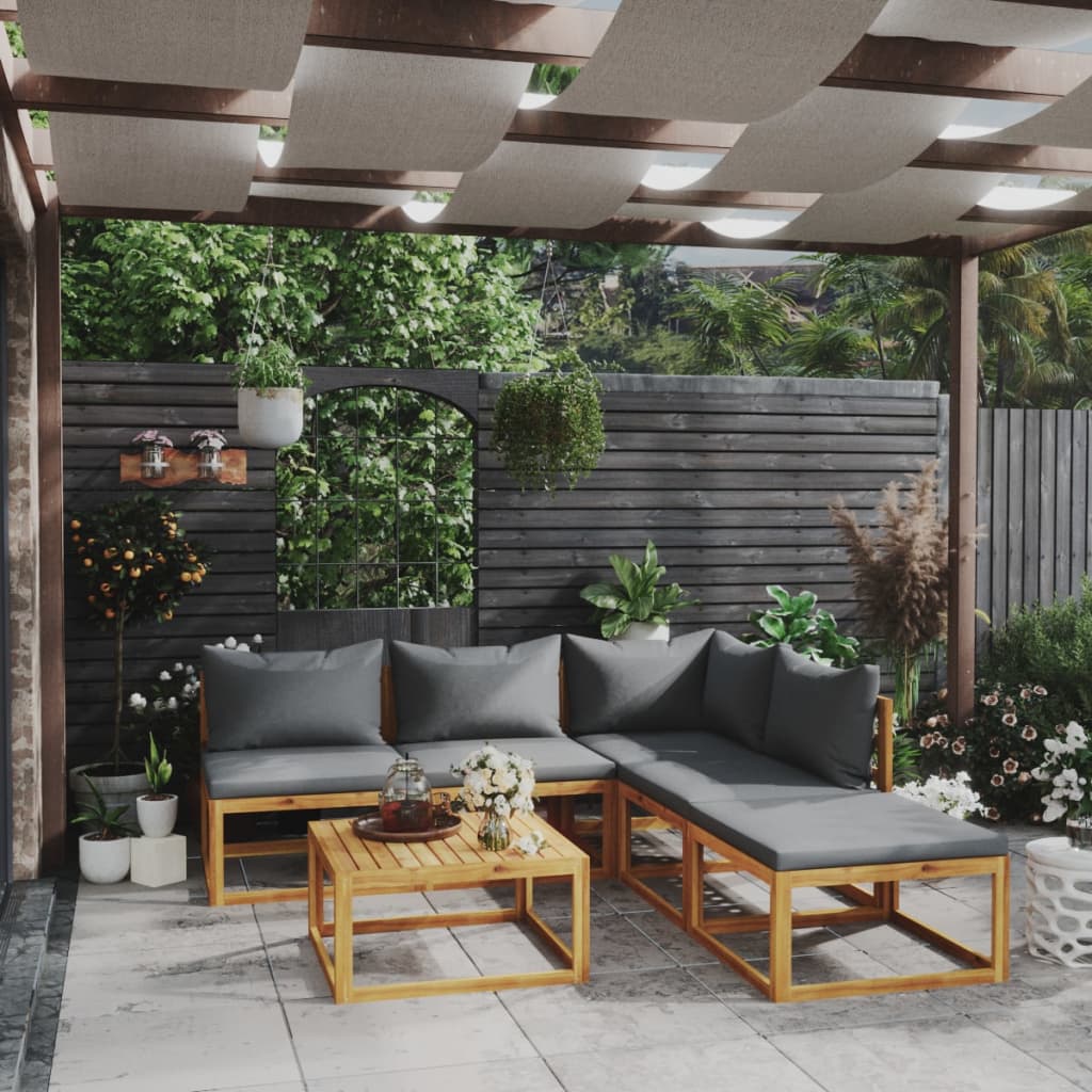 6-Delige Loungeset Met Kussens Massief Acaciahout Donkergrijs hoek + 3x midden + voetensteun + Tafel