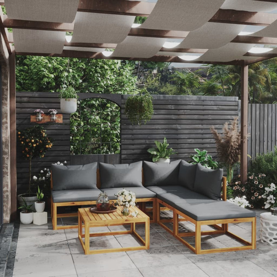 6-Delige Loungeset Met Kussens Massief Acaciahout Donkergrijs hoek + 3x midden + voetensteun + Tafel