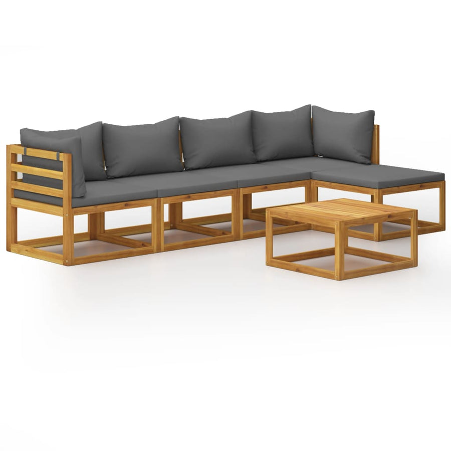 6-Delige Loungeset Met Kussens Massief Acaciahout Donkergrijs 2x hoek + 2x midden + voetensteun + Tafel
