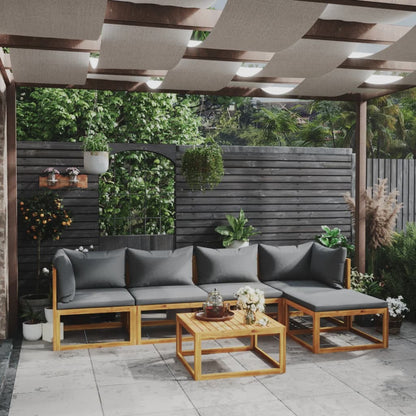 6-Delige Loungeset Met Kussens Massief Acaciahout Donkergrijs 2x hoek + 2x midden + voetensteun + Tafel