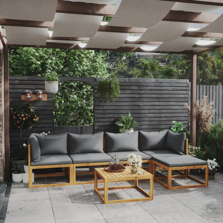 6-Delige Loungeset Met Kussens Massief Acaciahout Donkergrijs 2x hoek + 2x midden + voetensteun + Tafel