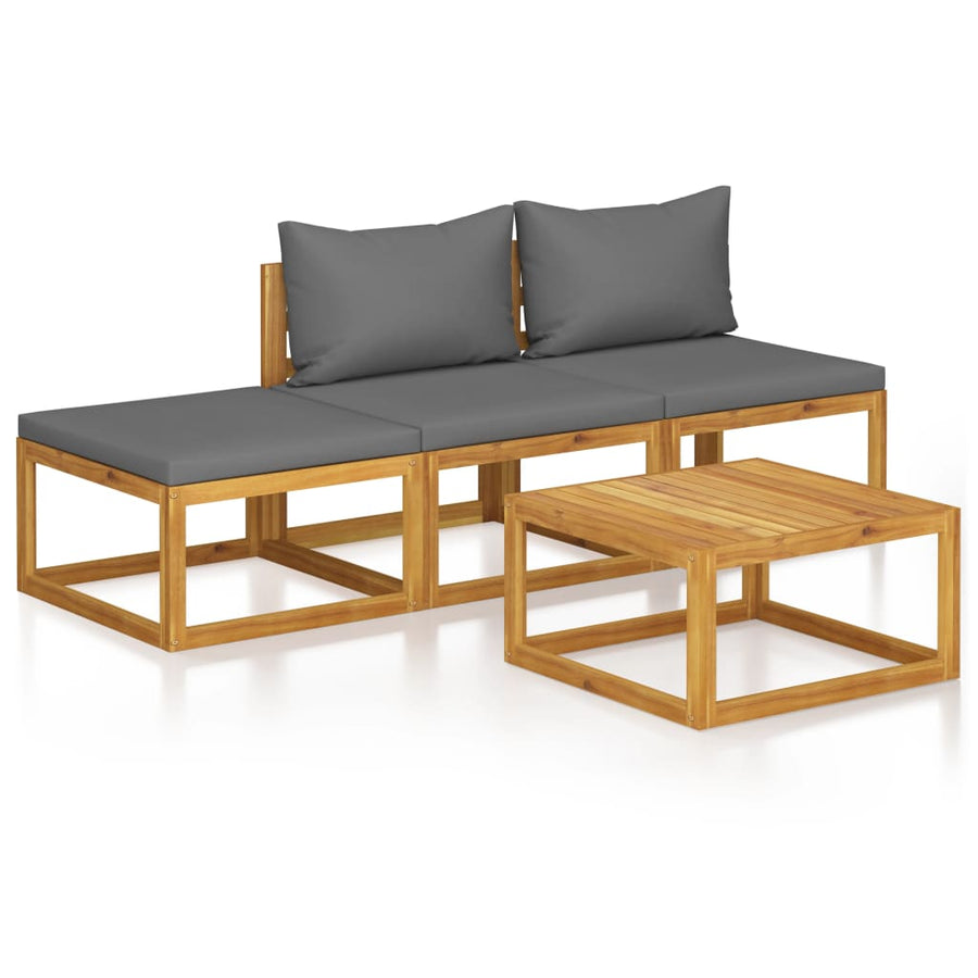 4-Delige Loungeset Met Kussens Massief Acaciahout Donkergrijs 2x midden + voetensteun + Tafel