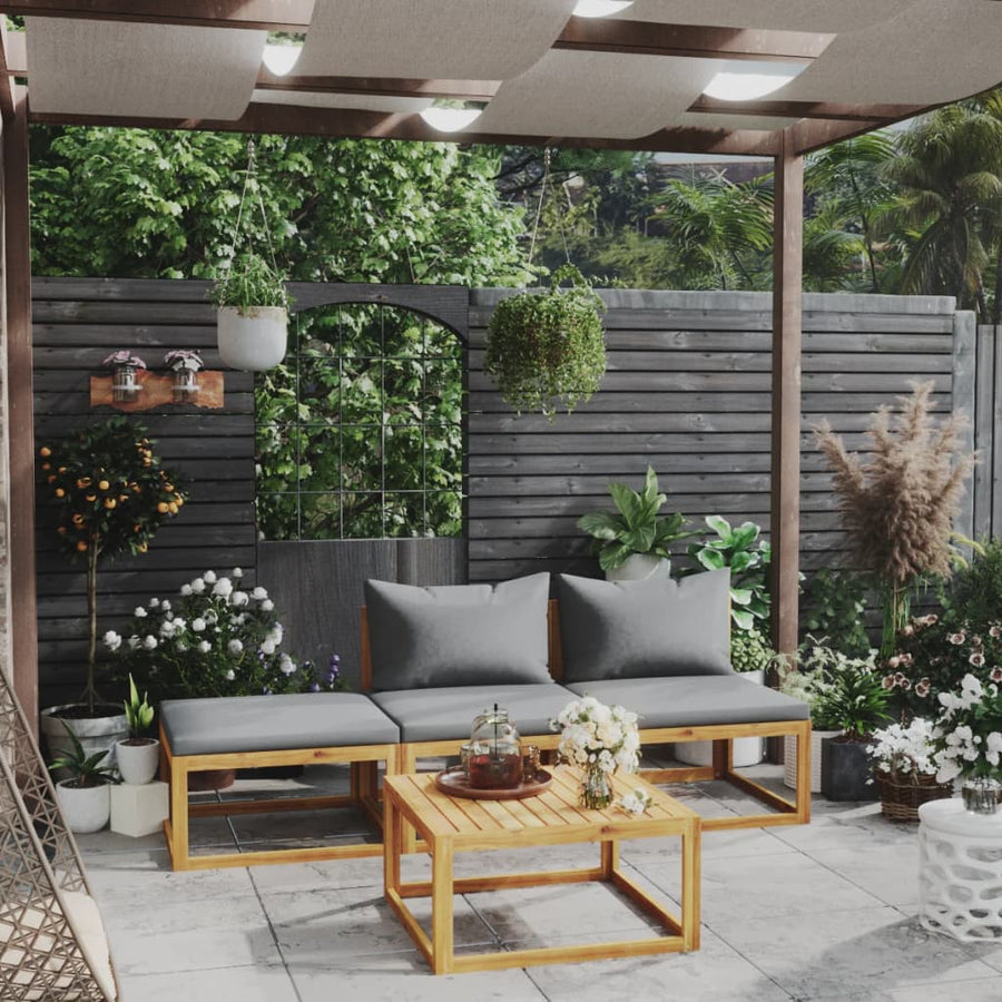 4-Delige Loungeset Met Kussens Massief Acaciahout Donkergrijs 2x midden + voetensteun + Tafel