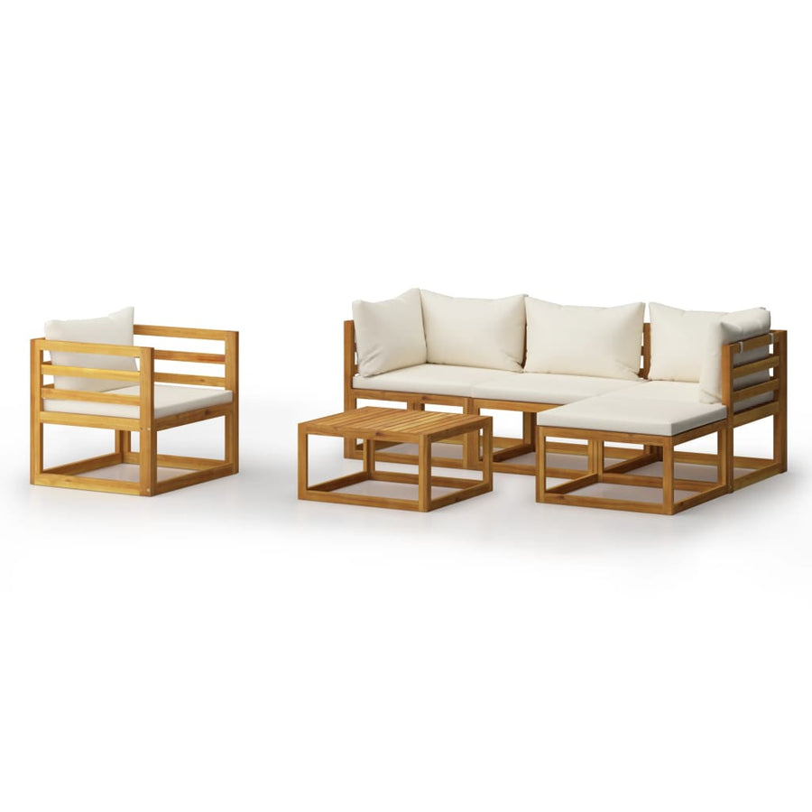 6-Delige Loungeset Met Kussens Massief Acaciahout Crème 2x hoek + midden + Fauteuil + voetensteun + Tafel