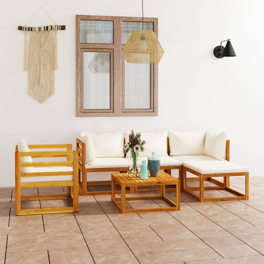 6-Delige Loungeset Met Kussens Massief Acaciahout Crème 2x hoek + midden + Fauteuil + voetensteun + Tafel