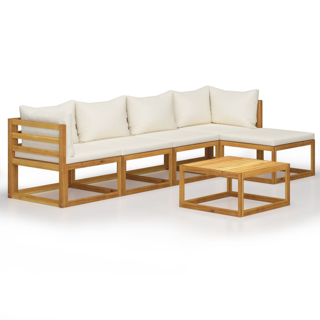 6-Delige Loungeset Met Kussens Massief Acaciahout Crème 2x midden + 2x hoek + voetensteun + Tafel