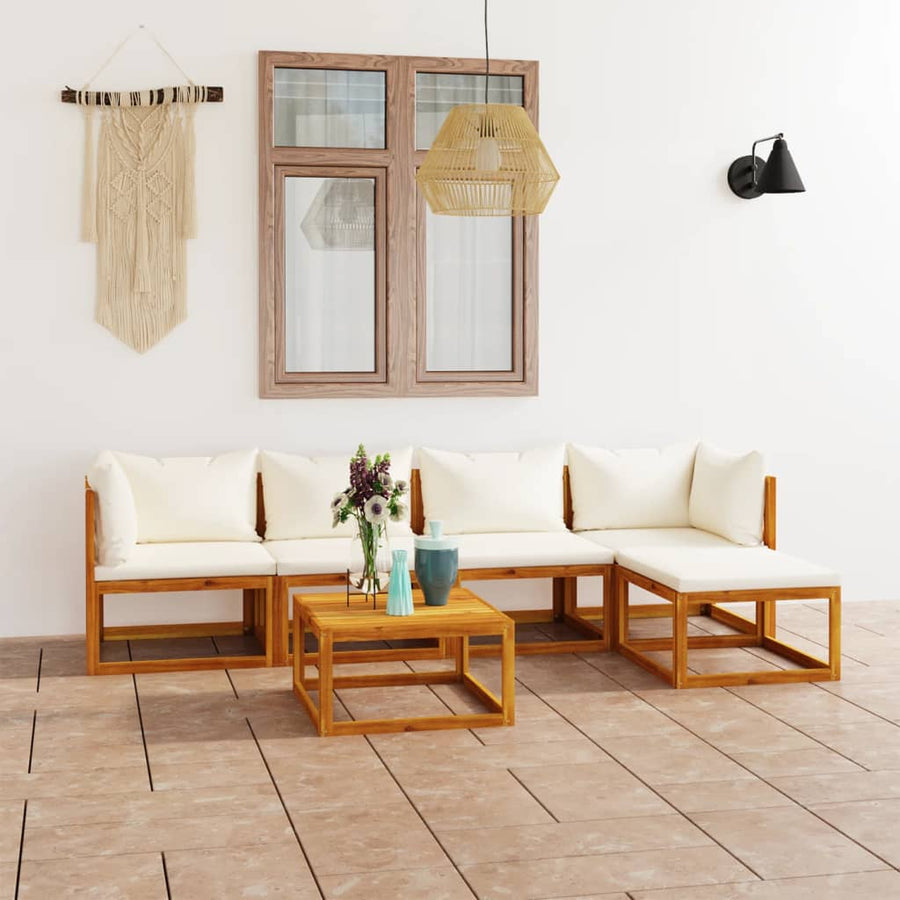 6-Delige Loungeset Met Kussens Massief Acaciahout Crème 2x midden + 2x hoek + voetensteun + Tafel
