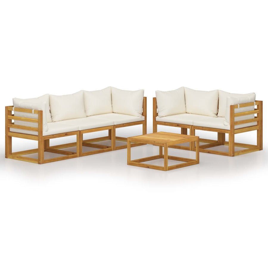 6-Delige Loungeset Met Kussens Massief Acaciahout Crème 4x hoek + midden + Tafel