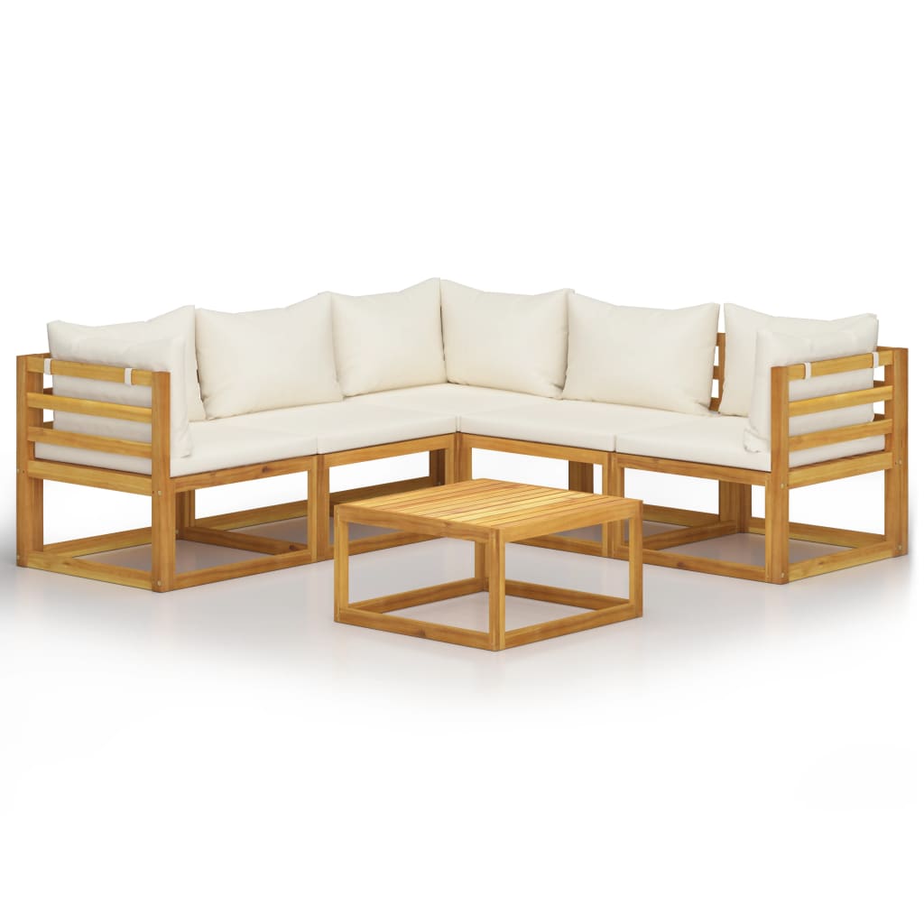 6-Delige Loungeset Met Kussens Massief Acaciahout Crème 2x midden + 3x hoek + Tafel