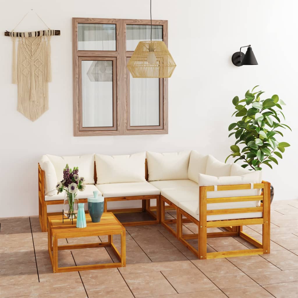 6-Delige Loungeset Met Kussens Massief Acaciahout Crème 2x midden + 3x hoek + Tafel