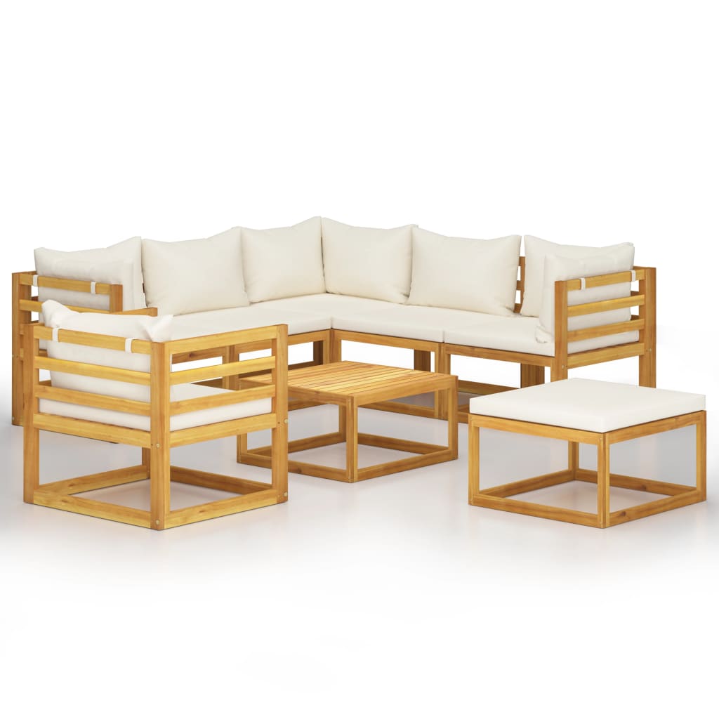 8-Delige Loungeset Met Kussens Massief Acaciahout Crème 3x hoek + 2x midden + Fauteuil + voetensteun + Tafel