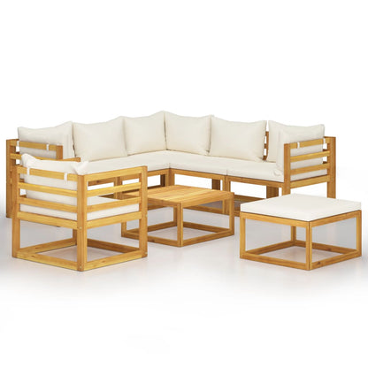 8-Delige Loungeset Met Kussens Massief Acaciahout Crème 3x hoek + 2x midden + Fauteuil + voetensteun + Tafel