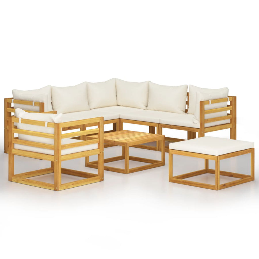 8-Delige Loungeset Met Kussens Massief Acaciahout Crème 3x hoek + 2x midden + Fauteuil + voetensteun + Tafel
