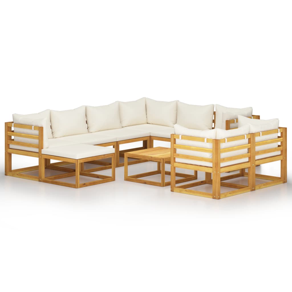 0-Delige Loungeset Met Kussens Massief Acaciahout Crème 5x hoek + 3x midden + voetensteun + Tafel