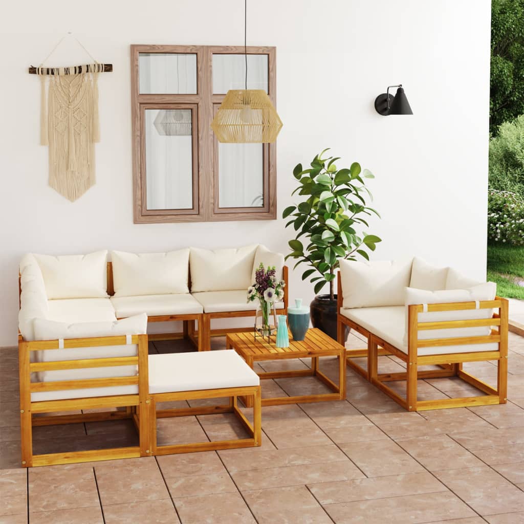 0-Delige Loungeset Met Kussens Massief Acaciahout Crème 5x hoek + 3x midden + voetensteun + Tafel