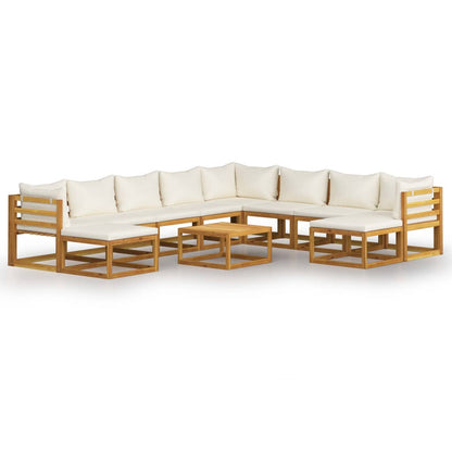 -Delige Loungeset Met Kussens Massief Acaciahout Crème 3x hoek + 5x midden + 2x voetensteun + Tafel