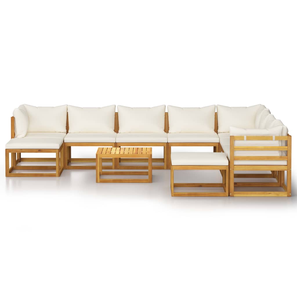 -Delige Loungeset Met Kussens Massief Acaciahout Crème 3x hoek + 5x midden + 2x voetensteun + Tafel