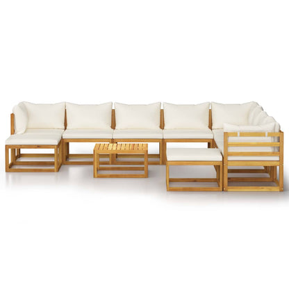 -Delige Loungeset Met Kussens Massief Acaciahout Crème 3x hoek + 5x midden + 2x voetensteun + Tafel