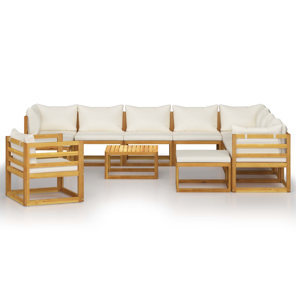 2-Delige Loungeset Met Kussens Massief Acaciahout Crème 3x hoek + 5x midden + Fauteuil + 2x voetensteun + Tafel