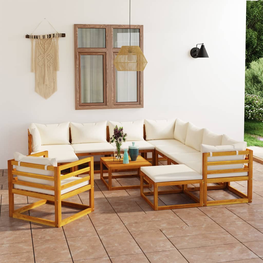 2-Delige Loungeset Met Kussens Massief Acaciahout Crème 3x hoek + 5x midden + Fauteuil + 2x voetensteun + Tafel