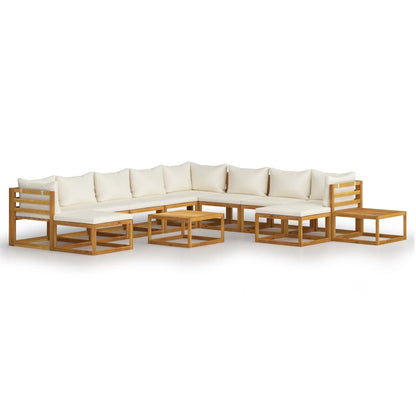 2-Delige Loungeset Met Kussens Massief Acaciahout Crème 3x hoek + 5x midden + 2x voetensteun + 2x Tafel