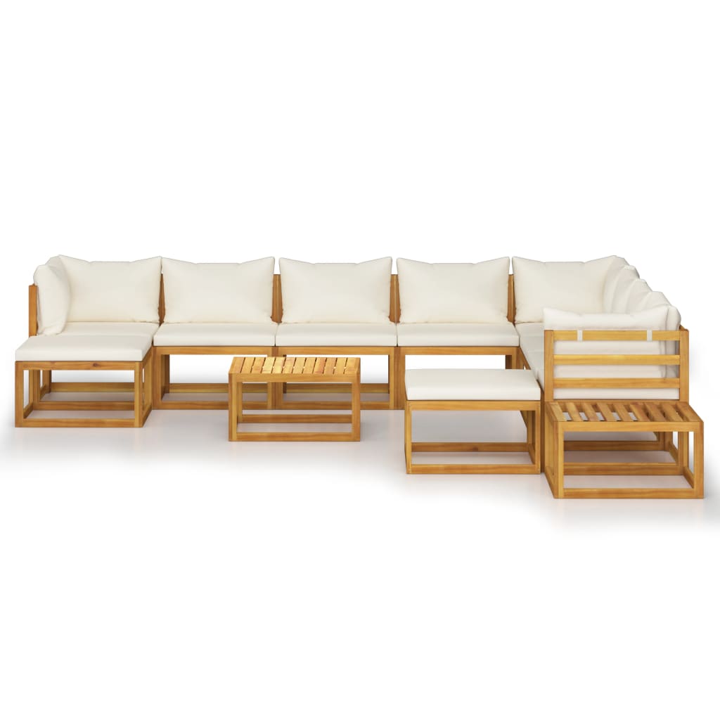 2-Delige Loungeset Met Kussens Massief Acaciahout Crème 3x hoek + 5x midden + 2x voetensteun + 2x Tafel
