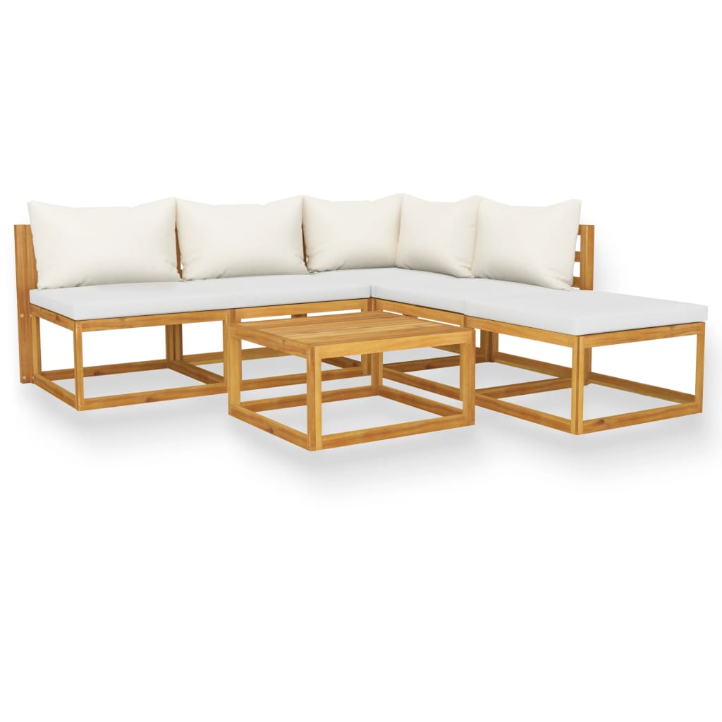 6-Delige Loungeset Met Kussens Massief Acaciahout Crème hoek + 3x midden + voetensteun + Tafel