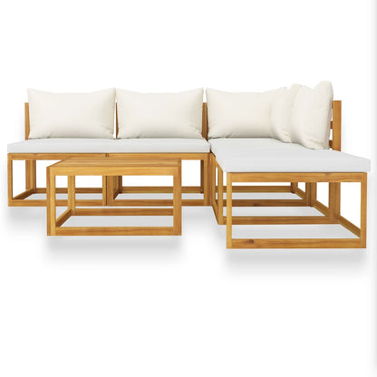6-Delige Loungeset Met Kussens Massief Acaciahout Crème hoek + 3x midden + voetensteun + Tafel
