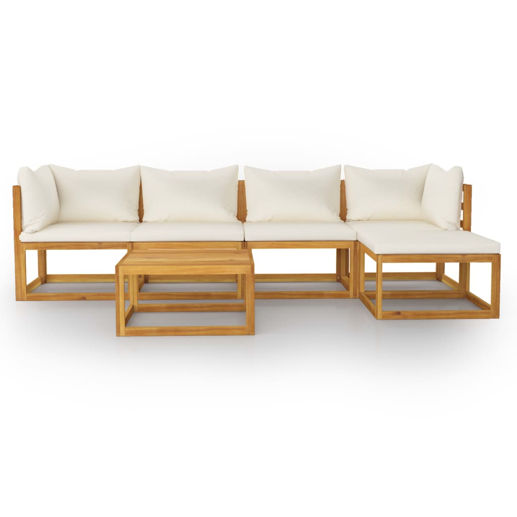 6-Delige Loungeset Met Kussens Massief Acaciahout Crème 2x hoek + 2x midden + voetensteun + Tafel
