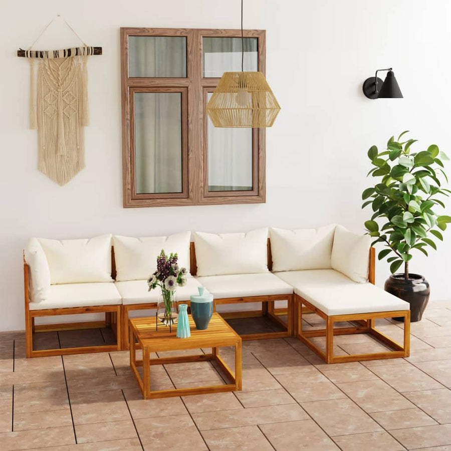 6-Delige Loungeset Met Kussens Massief Acaciahout Crème 2x hoek + 2x midden + voetensteun + Tafel