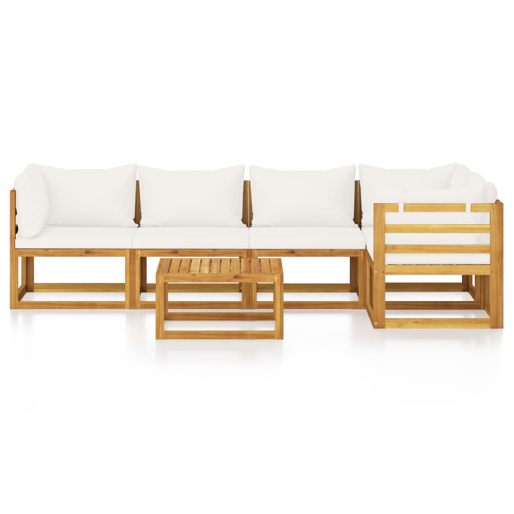6-Delige Loungeset Met Kussens Massief Acaciahout Crème 3x hoek + 2x midden + Tafel