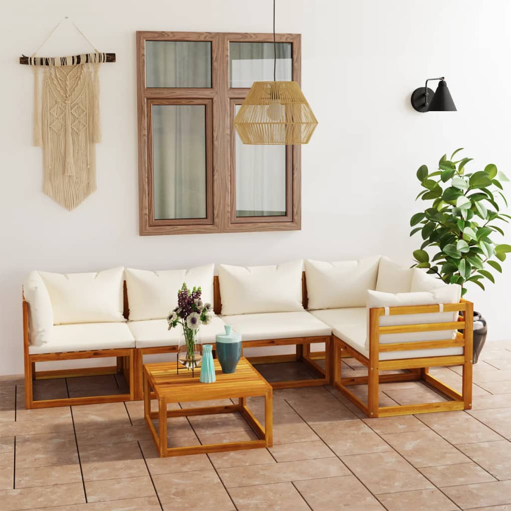 6-Delige Loungeset Met Kussens Massief Acaciahout Crème 3x hoek + 2x midden + Tafel