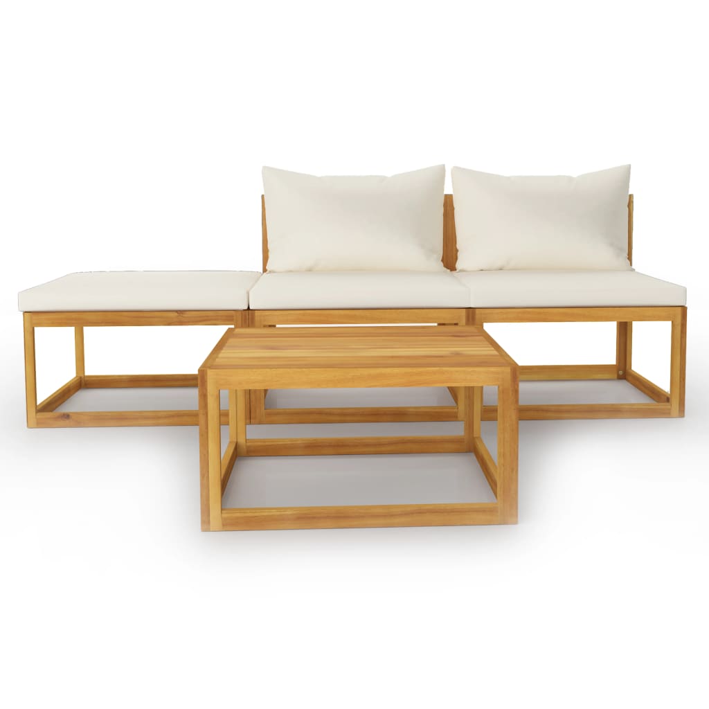 4-Delige Loungeset Met Kussens Massief Acaciahout Crème 2x midden + voetensteun + Tafel
