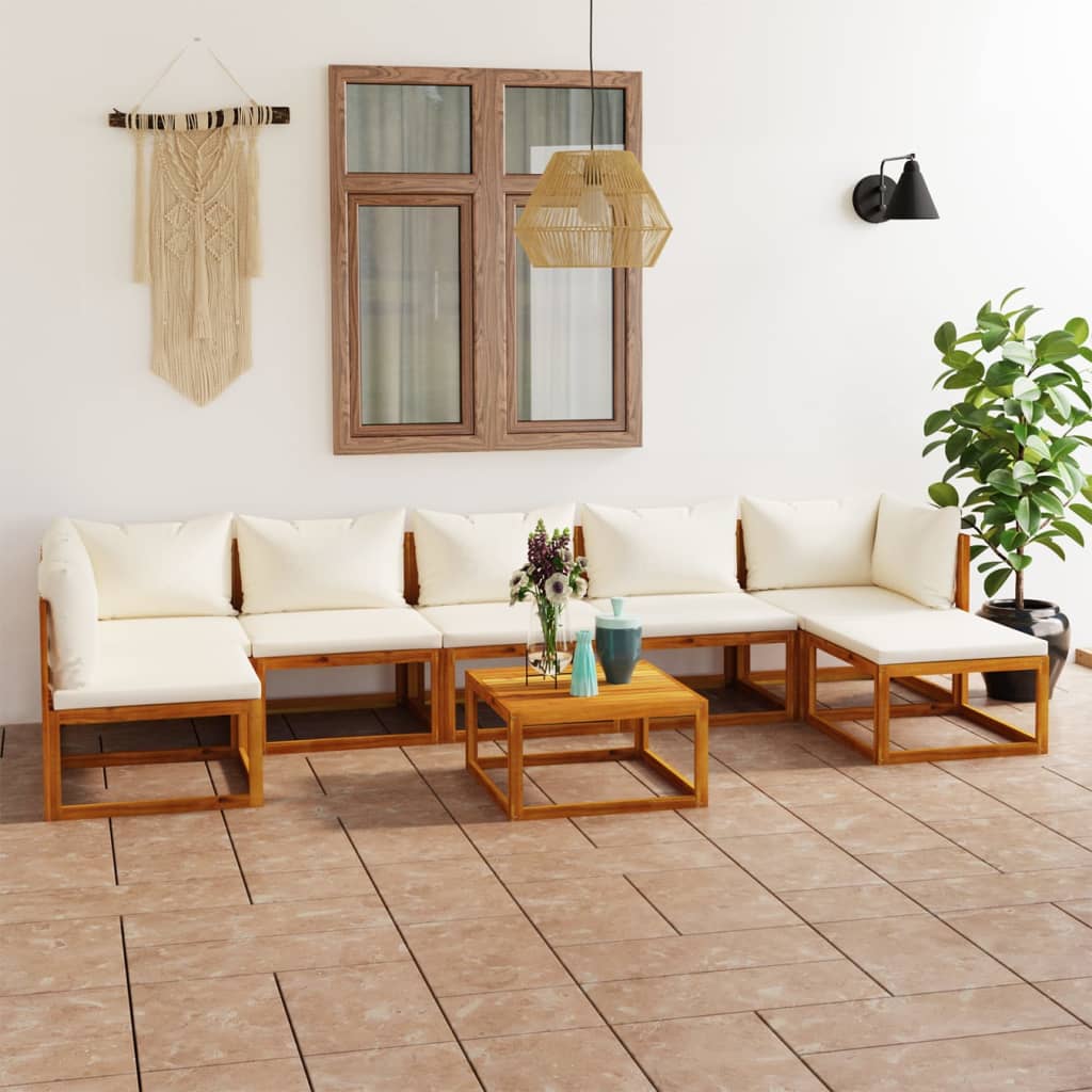 8-Delige Loungeset Met Kussens Massief Acaciahout Crème 2x hoek + 4x midden + voetensteun + Tafel