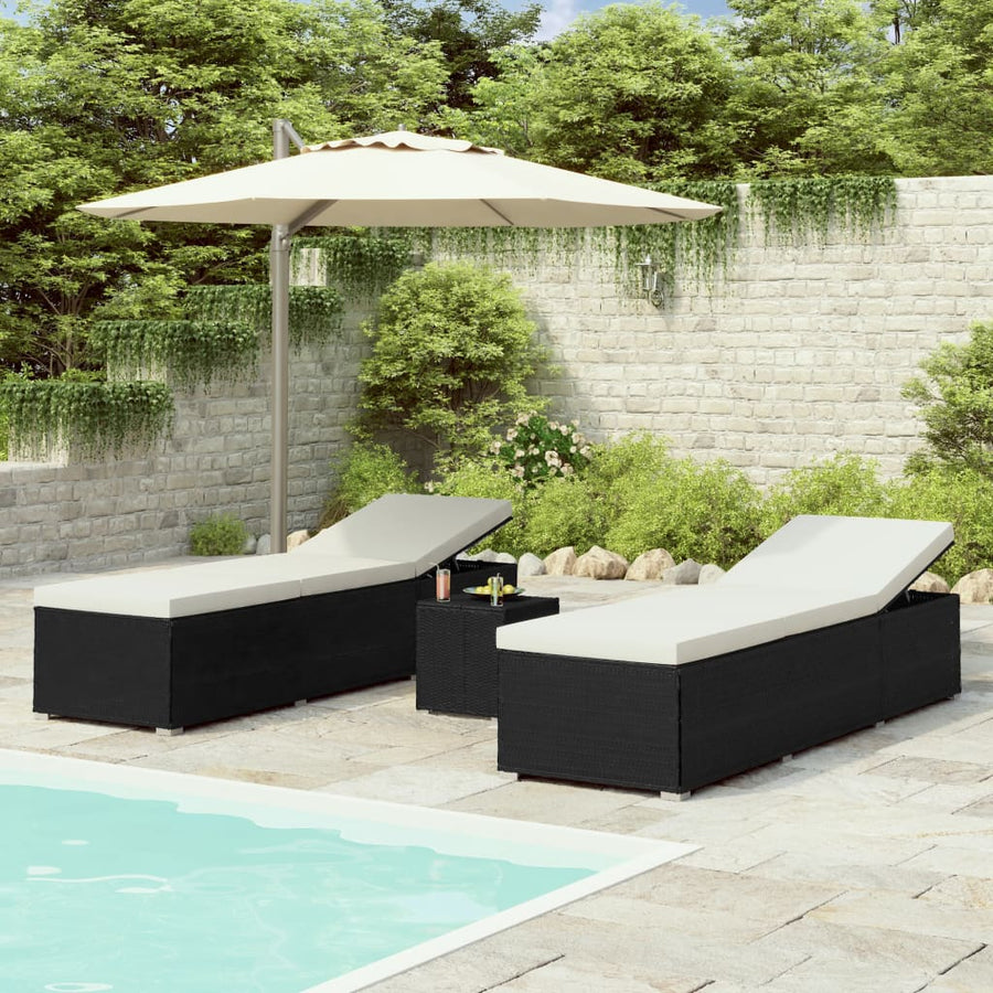 3-Delige Ligbeddenset Met Theetafel Poly Rattan Zwart en wit