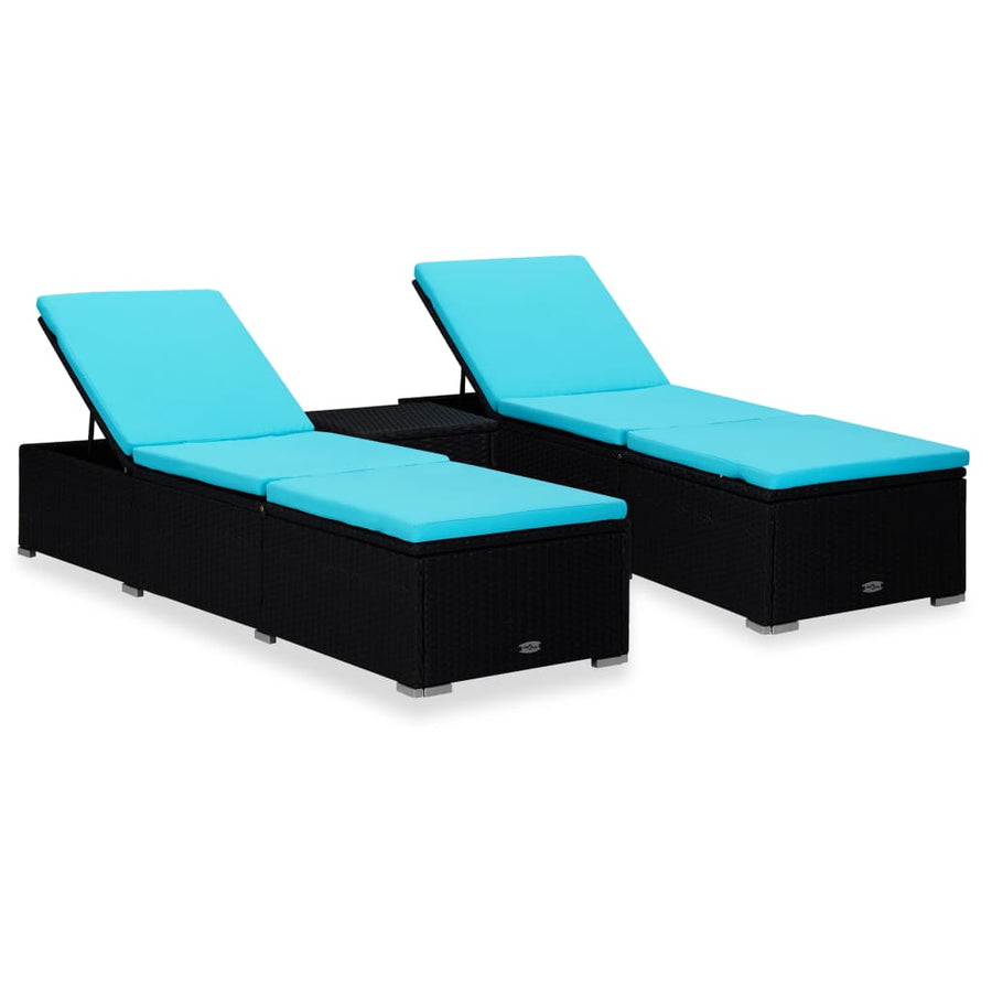 3-Delige Ligbeddenset Met Theetafel Poly Rattan Zwart en blauw