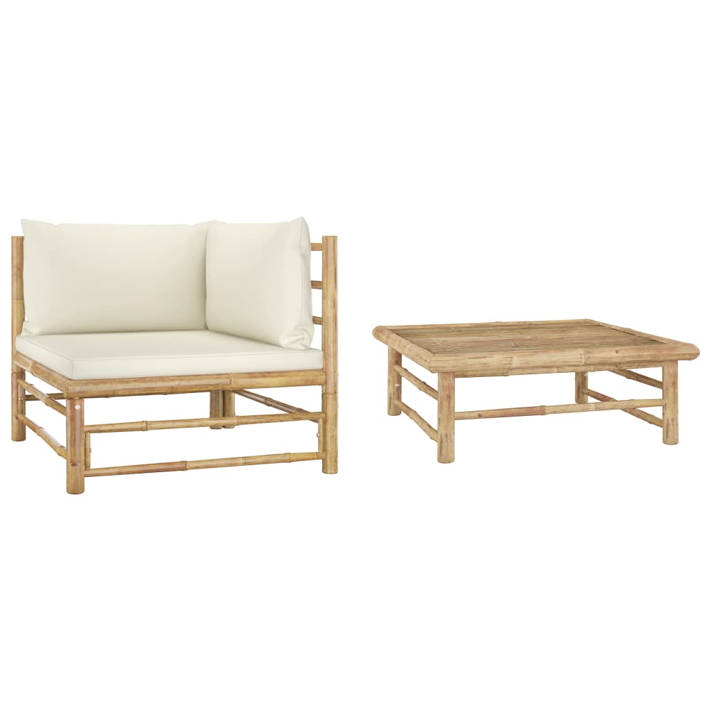 2-Delige Loungeset Met Crèmete Kussens Bamboe Wit hoek + Tafel