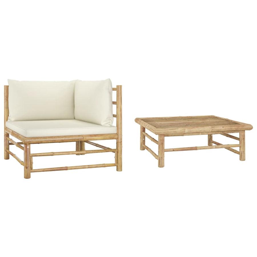 2-Delige Loungeset Met Crèmete Kussens Bamboe Wit hoek + Tafel