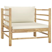 Garden bench with cream-white cushions bamboo