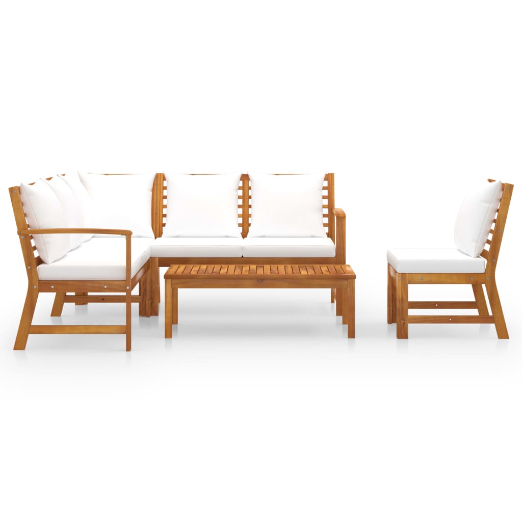 5-Delige Loungeset Met Kussens Massief Acaciahout Crème hoek + midden + 2x Bank + Tafel