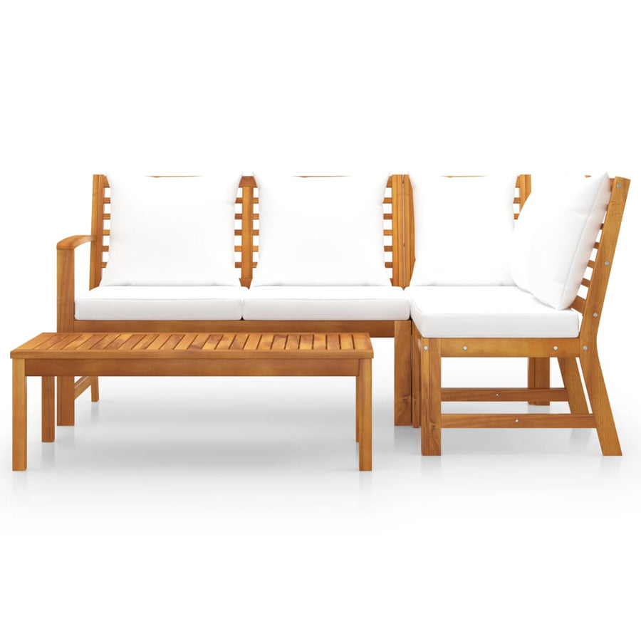 4-Delige Loungeset Met Kussens Massief Acaciahout Crème hoek + midden + Bank + Tafel